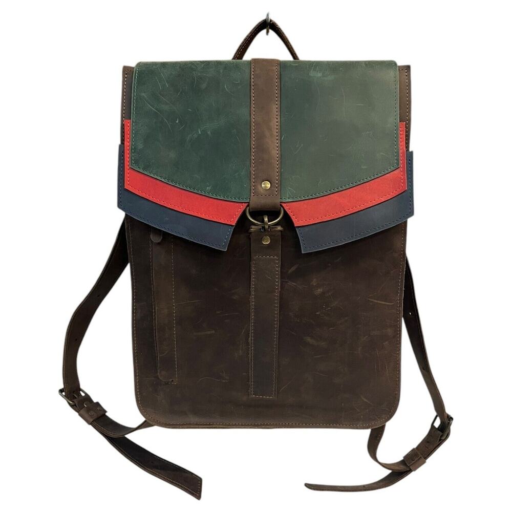Leather Handmade Backpack Laptop Flap Closure Adjustable Clasp Unisex Brown
